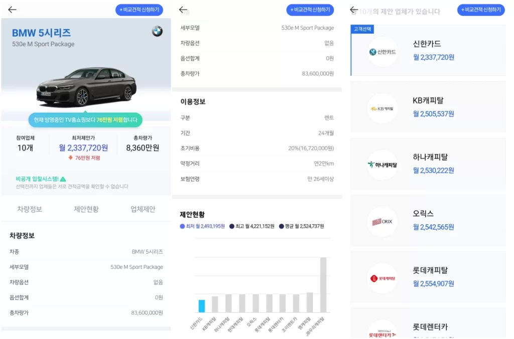 bmw 5시리즈 장기렌트카 모의 견적