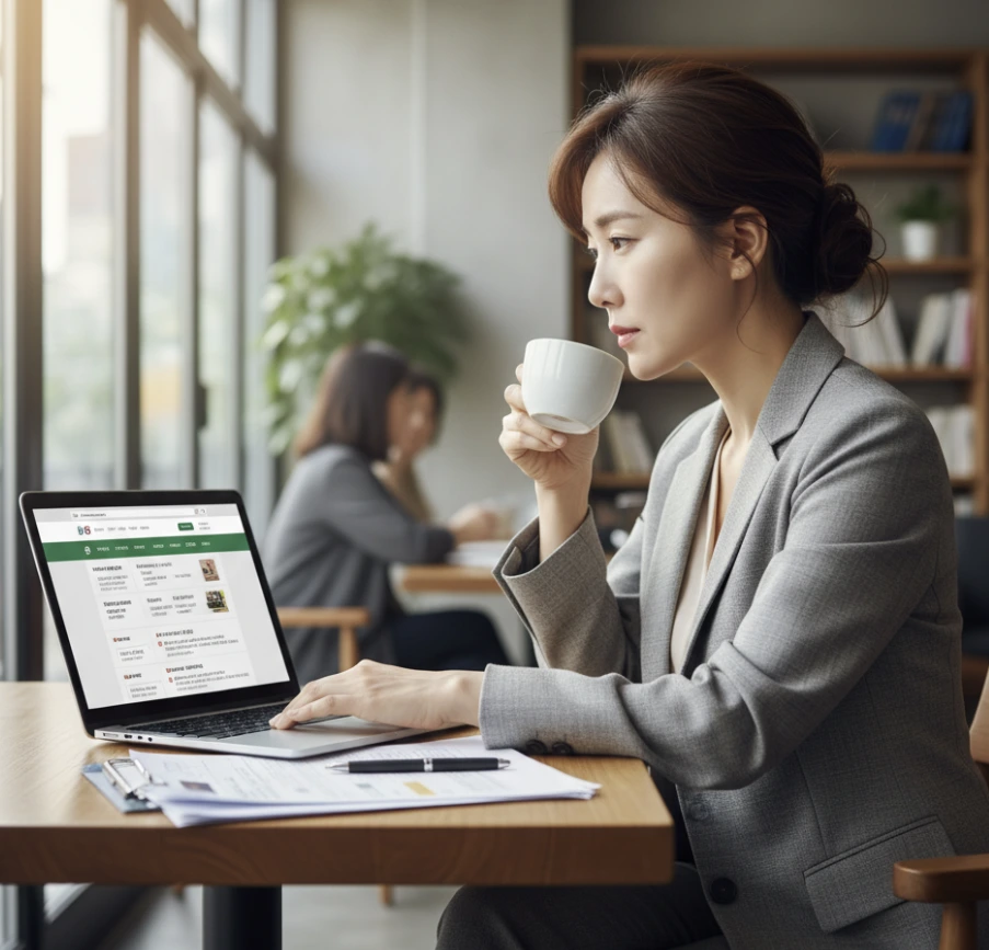 노트북으로 일자리를 알아보고 있는 중년 여성