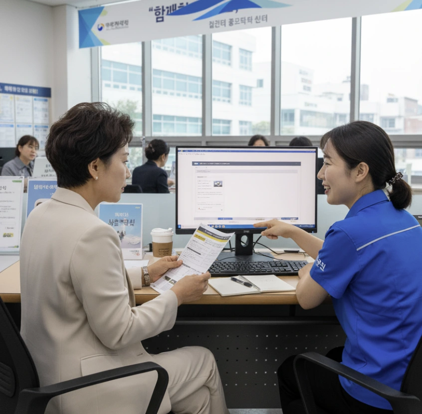 취업 상담을 받고 있는 중년 여성